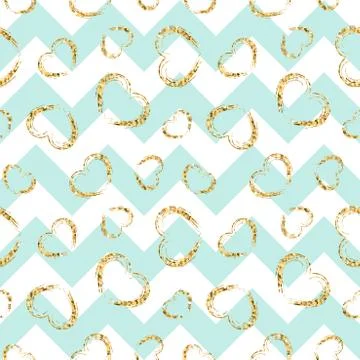 Gold heart seamless pattern. Blue-white geometric zig zag, golden grunge conf Stock Illustration
