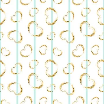 Gold heart seamless pattern. Blue-white geometric stripes, golden grunge conf Illustrazione stock