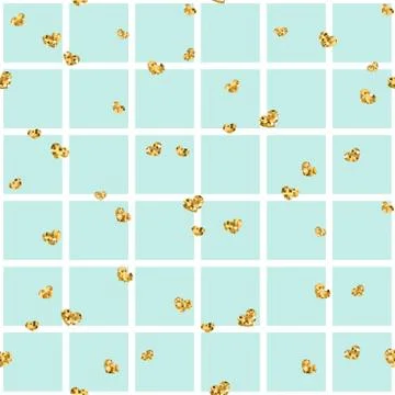 Gold heart seamless pattern. Blue-white geometric square, golden confetti-hea Stock Illustration