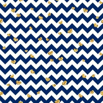 Gold heart seamless pattern. Blue-white geometric zig zag, golden confetti-he Illustrazione stock