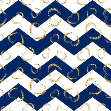 Gold heart seamless pattern. Blue-white geometric zig zag, golden grunge conf Stock Illustration