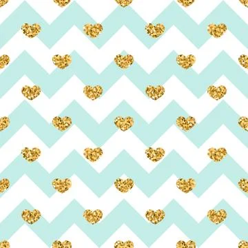 Gold heart seamless pattern. Blue-white geometric zig zag, golden confetti-he Stock Illustration