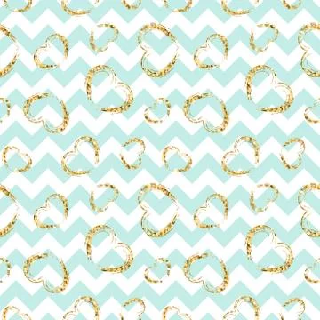 Gold heart seamless pattern. Blue-white geometric zig zag, golden grunge conf 스톡 일러스트