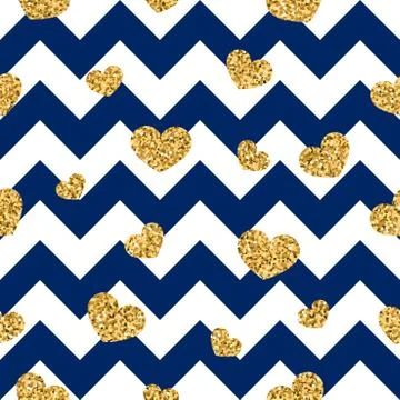 Gold heart seamless pattern. Blue-white geometric zig zag, golden confetti-he Stock Illustration