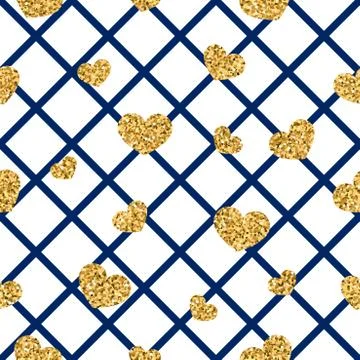Gold heart seamless pattern. Blue-white geometric decoration, golden confetti Stock Illustration