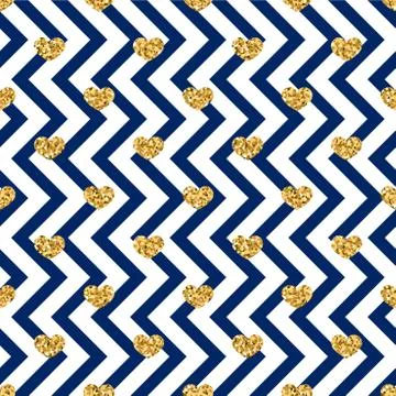 Gold heart seamless pattern. Blue-white geometric zig zag, golden confetti-he Stock Illustration
