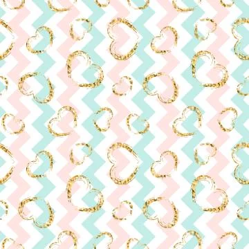 Gold heart seamless pattern. Blue-pink-white geometric zig zag, golden grunge 스톡 일러스트