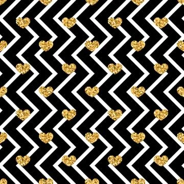 Gold heart seamless pattern. Blue-white geometric zig zag, golden confetti-he 스톡 일러스트