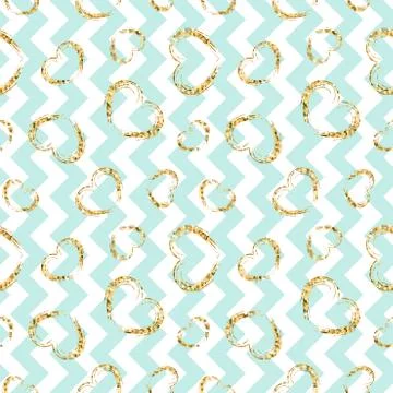 Gold heart seamless pattern. Blue-white geometric zig zag, golden grunge conf Stock Illustration