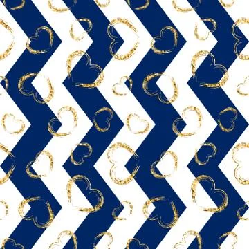 Gold heart seamless pattern. Blue-white geometric zig zag, golden grunge conf Illustrazione stock