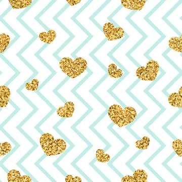 Gold heart seamless pattern. Blue-white geometric zig zag, golden confetti-he Stock Illustration