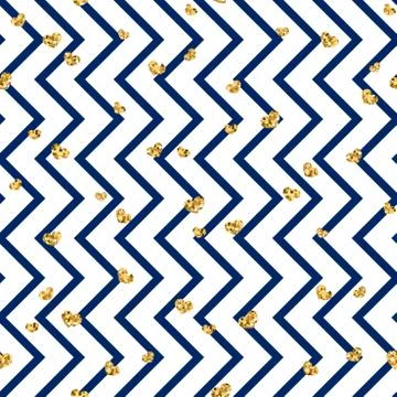 Gold heart seamless pattern. Blue-white geometric zig zag, golden confetti-he Stock Illustration