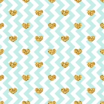 Gold heart seamless pattern. Blue-white geometric zig zag, golden confetti-he Stock Illustration