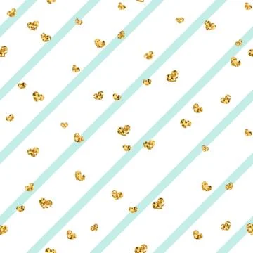 Gold heart seamless pattern. Blue-white geometric stripes, golden confetti-he Stock Illustration