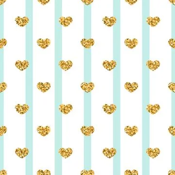 Gold heart seamless pattern. Blue-white geometric stripes, golden confetti-he Stock Illustration