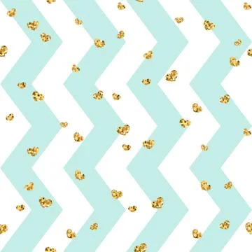 Gold heart seamless pattern. Blue-white geometric zig zag, golden confetti-he 스톡 일러스트