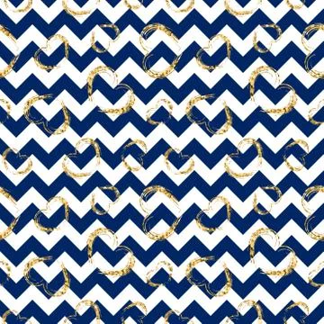 Gold heart seamless pattern. Blue-white geometric zig zag, golden grunge conf 스톡 일러스트