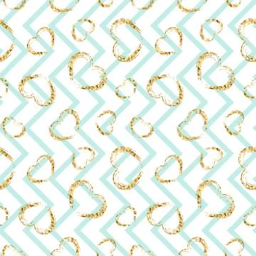 Gold heart seamless pattern. Blue-white geometric zig zag, golden grunge conf Stock Illustration