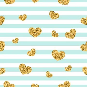 Gold heart seamless pattern. Blue-white geometric stripes, golden confetti-he Stock Illustration
