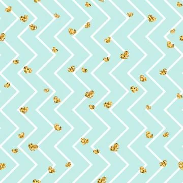 Gold heart seamless pattern. Blue-white geometric zig zag, golden confetti-he Stock Illustration