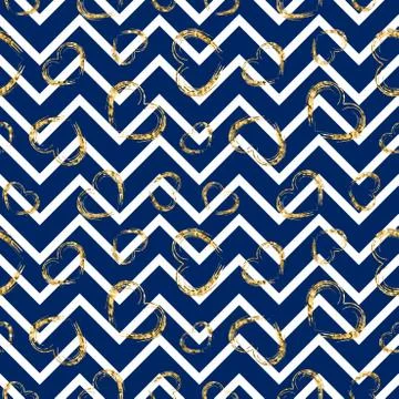 Gold heart seamless pattern. Blue-white geometric zig zag, golden grunge conf Stock Illustration