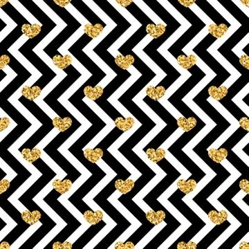 Gold heart seamless pattern. Blue-white geometric zig zag, golden confetti-he Stock Illustration