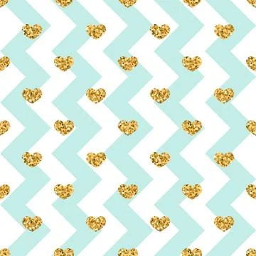 Gold heart seamless pattern. Blue-white geometric zig zag, golden confetti-he Stock Illustration