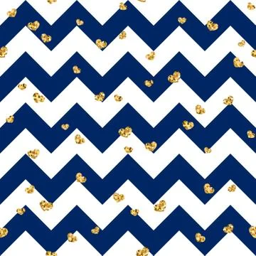 Gold heart seamless pattern. Blue-white geometric zig zag, golden confetti-he 스톡 일러스트