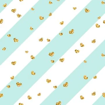 Gold heart seamless pattern. Blue-white geometric stripes, golden confetti-he Stock Illustration