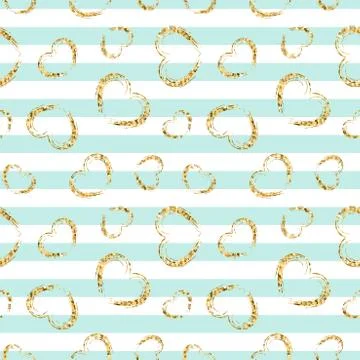 Gold heart seamless pattern. Blue-white geometric stripes, golden grunge conf Stock Illustration
