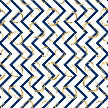 Gold heart seamless pattern. Blue-white geometric zig zag, golden grunge conf Stock Illustration