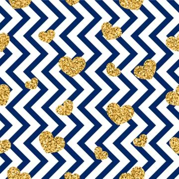 Gold heart seamless pattern. Blue-white geometric zig zag, golden confetti-he Stock Illustration