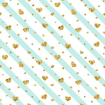 Gold heart seamless pattern. Blue-white geometric stripes, golden confetti-he Stock Illustration