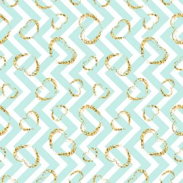Gold heart seamless pattern. Blue-white geometric zig zag, golden grunge conf Stock Illustration