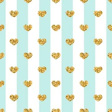 Gold heart seamless pattern. Blue-white geometric stripes, golden confetti-he Stock Illustration