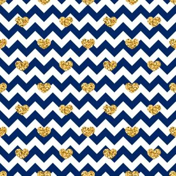 Gold heart seamless pattern. Blue-white geometric zig zag, golden confetti-he 스톡 일러스트