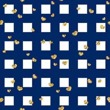 Gold heart seamless pattern. Blue-white geometric square, golden confetti-hea Stock Illustration