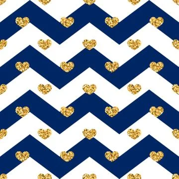 Gold heart seamless pattern. Blue-white geometric zig zag, golden confetti-he 스톡 일러스트