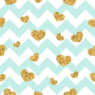 Gold heart seamless pattern. Blue-white geometric zig zag, golden confetti-he 스톡 일러스트