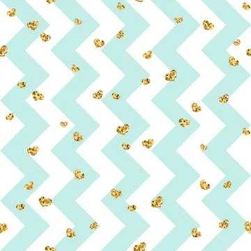 Gold heart seamless pattern. Blue-white geometric zig zag, golden confetti-he 스톡 일러스트
