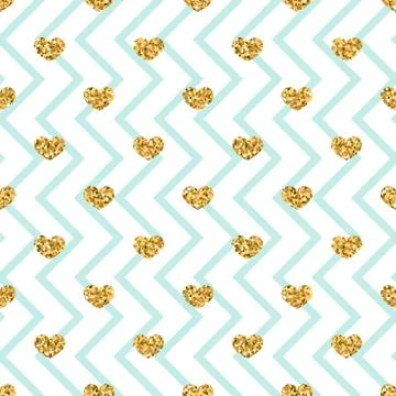 Gold heart seamless pattern. Blue-white geometric zig zag, golden confetti-he 스톡 일러스트
