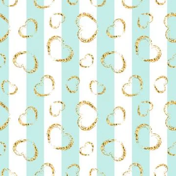 Gold heart seamless pattern. Blue-white geometric stripes, golden grunge conf Stock Illustration