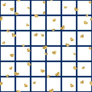 Gold heart seamless pattern. Blue-white geometric square, golden confetti-hea Stock Illustration