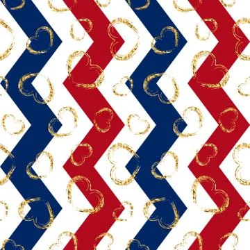 Gold heart seamless pattern. Blue-red-white geometric zig zag, golden grunge  Illustrazione stock