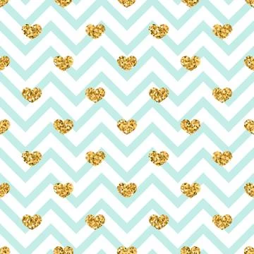 Gold heart seamless pattern. Blue-white geometric zig zag, golden confetti-he イラスト素材