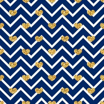 Gold heart seamless pattern. Blue-white geometric zig zag, golden confetti-he Stock Illustration