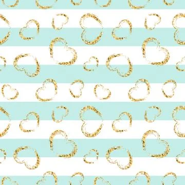 Gold heart seamless pattern. Blue-white geometric stripes, golden grunge conf Stock Illustration