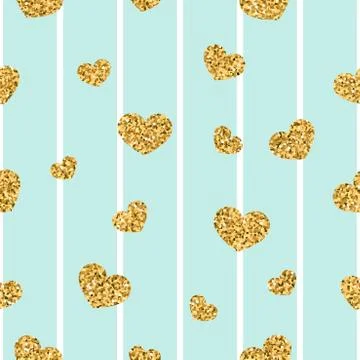 Gold heart seamless pattern. Blue-white geometric stripes, golden confetti-he Stock Illustration