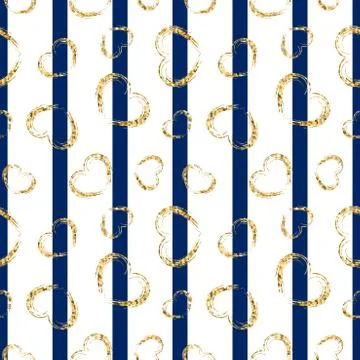 Gold heart seamless pattern. Blue-white geometric stripes, golden grunge conf Stock Illustration