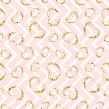 Gold heart seamless pattern. Blue-white geometric stripes, golden grunge conf Stock Illustration